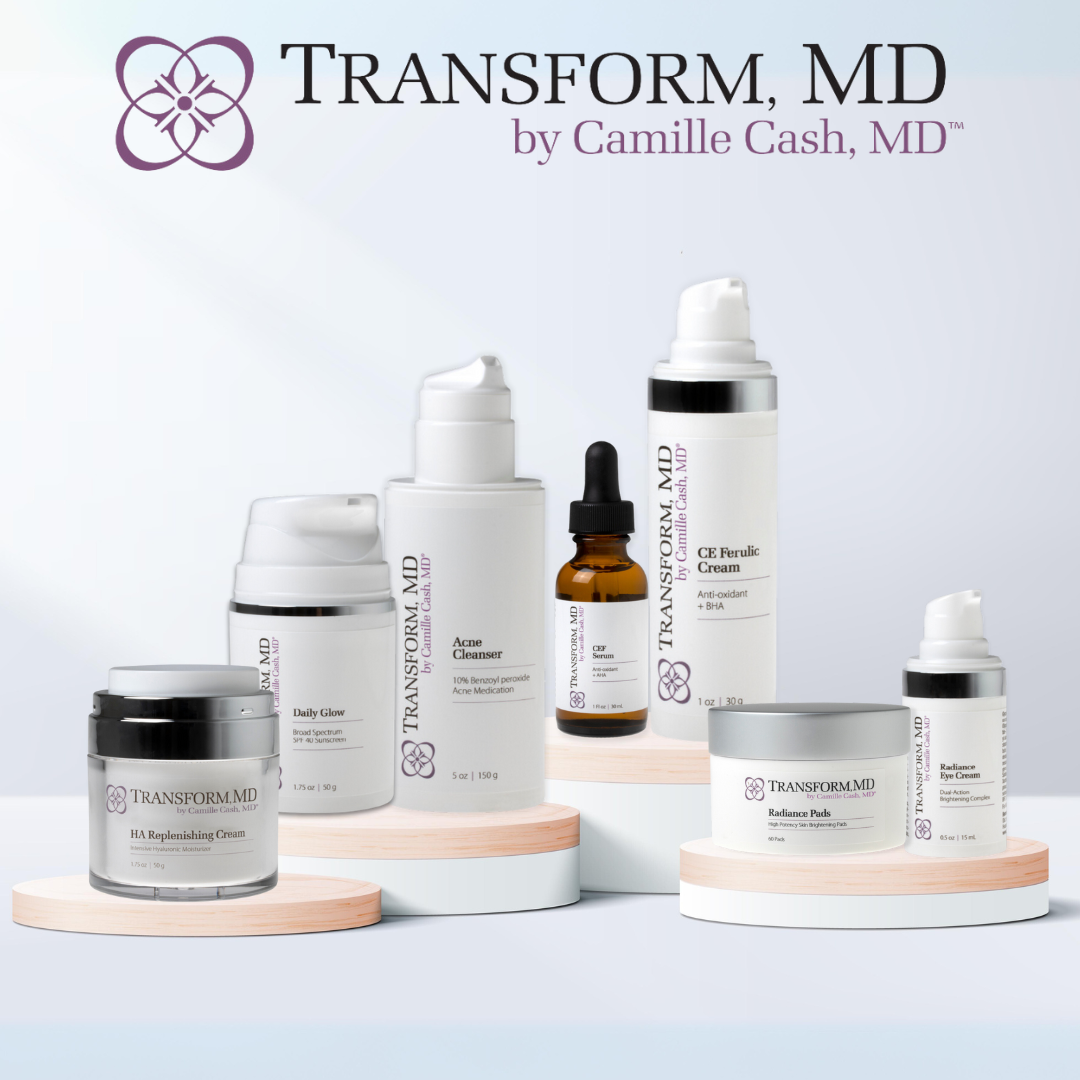 Transform, MD By Camille Cash, MD™ , medical grade skincare products arranged on pedestals
