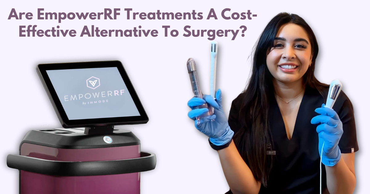 Text that says "Are EmpowerRF treatments a cost-effective alternative to surgery" on top of an image of InMode's EmpowerRF workstation on the left and Houston Plastic Surgeon Camille Cash M.D.'s medical assistant on the right holding up the Morpheus8v, FormaV, and Vtone hand-pieces on the right of the image.