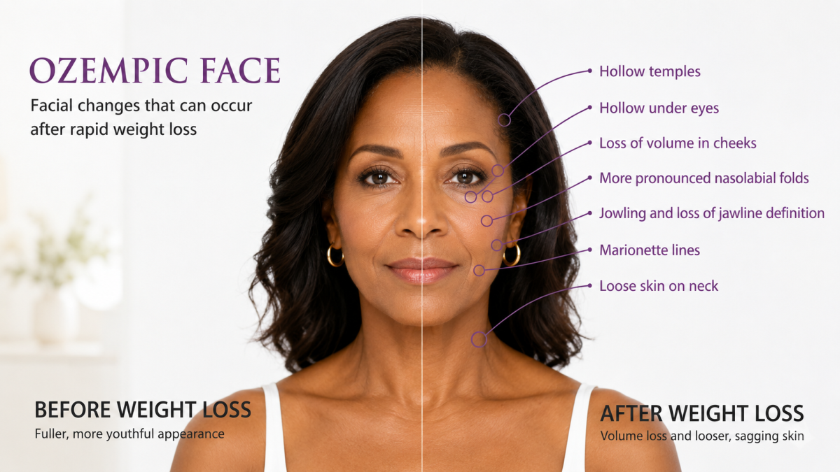 Before-and-after infographic illustrating Ozempic face, showing subtle facial volume loss, hollow temples, under-eye hollows, jowling, and loose neck skin after rapid weight loss.